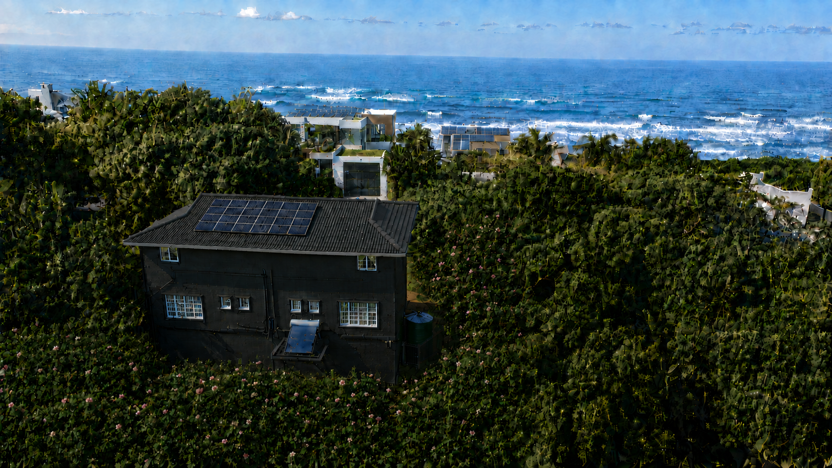 Aerial view of the coastal home framed by small pink flowering hibiscus