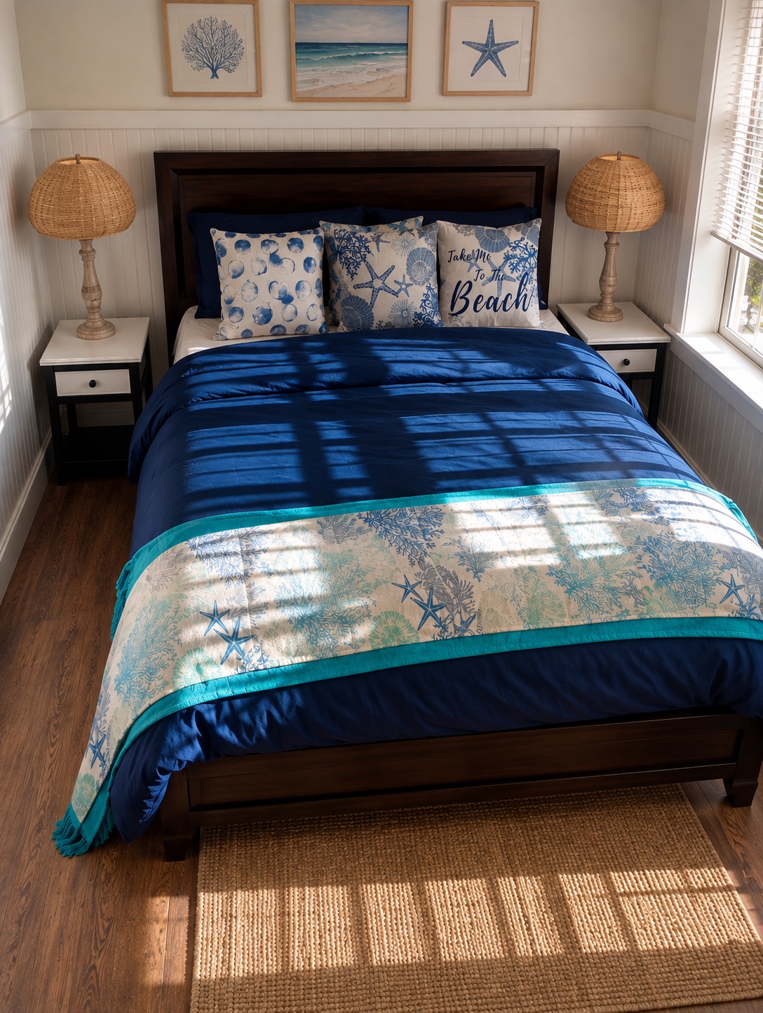 Double bedroom with coastal navy and turquoise décor