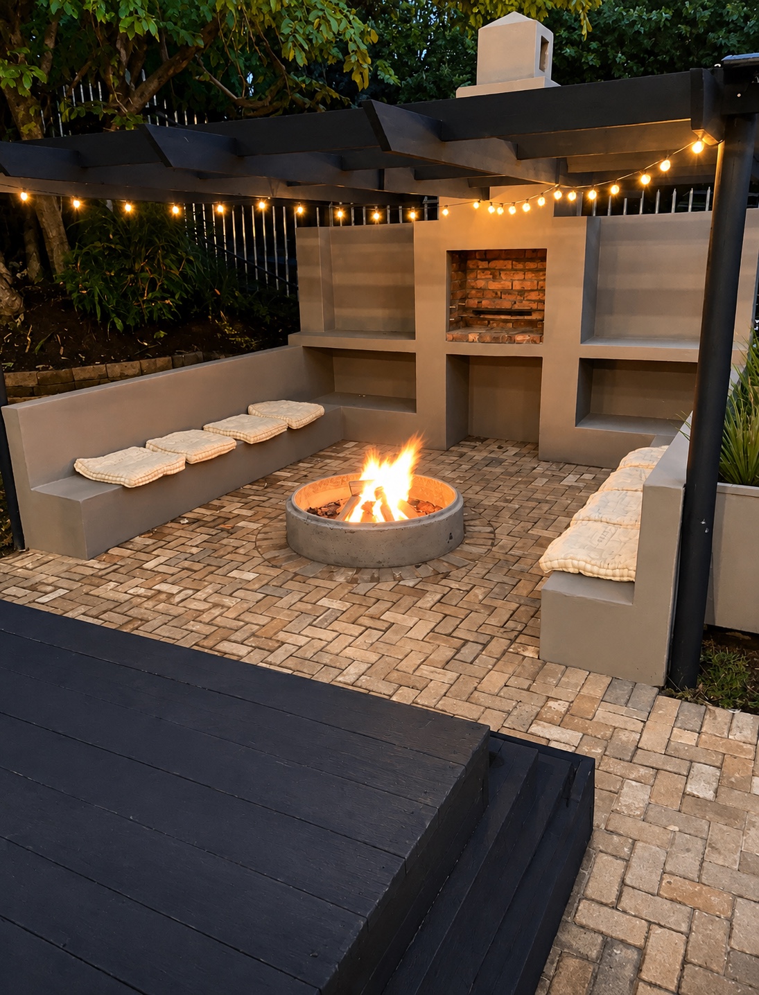 Evening firepit and covered outdoor entertainment area