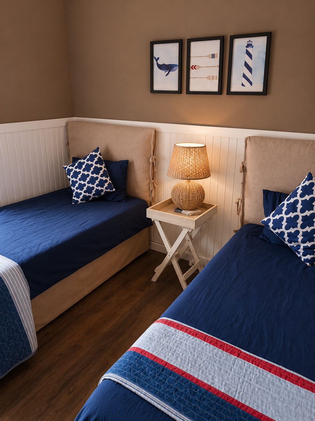 Twin bedroom with coastal navy décor