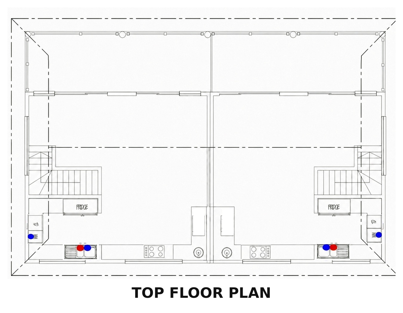 Top floor plan with mirrored kitchen layouts
